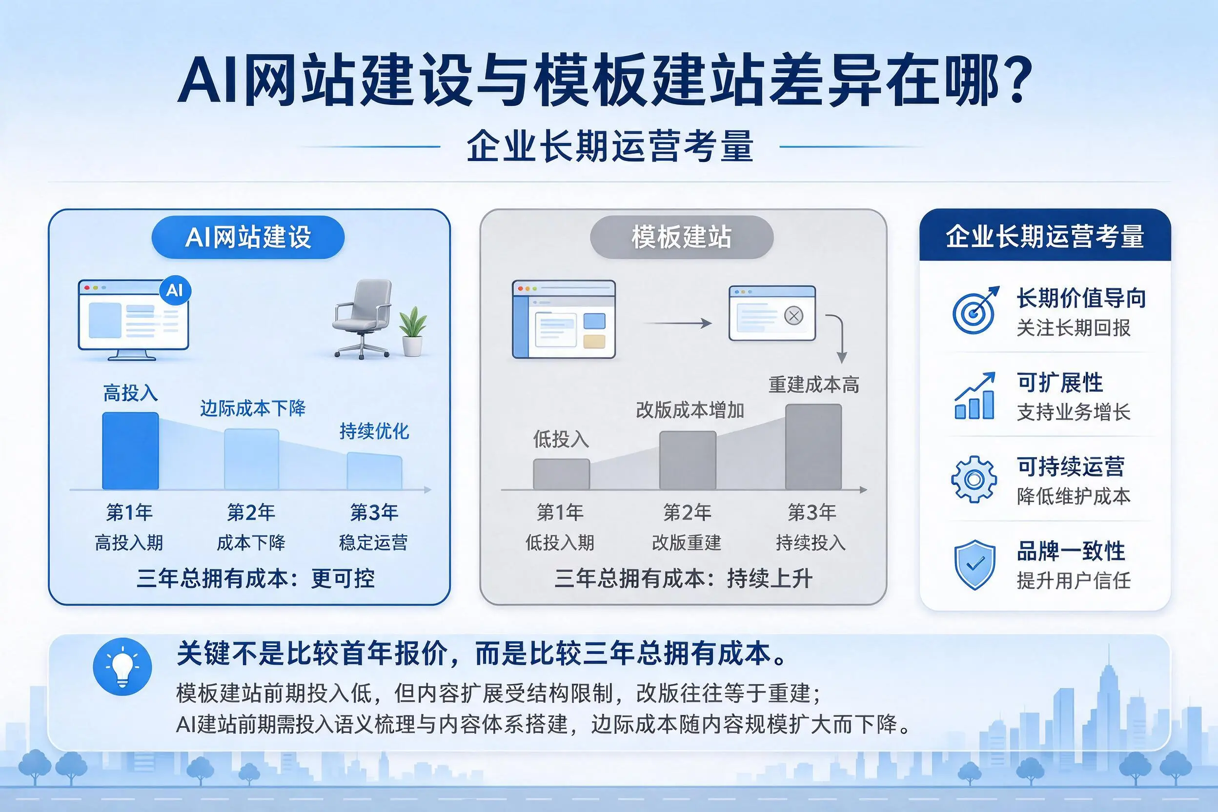 AI网站建设与模板建站差异在哪?防城港企业长期运营考量